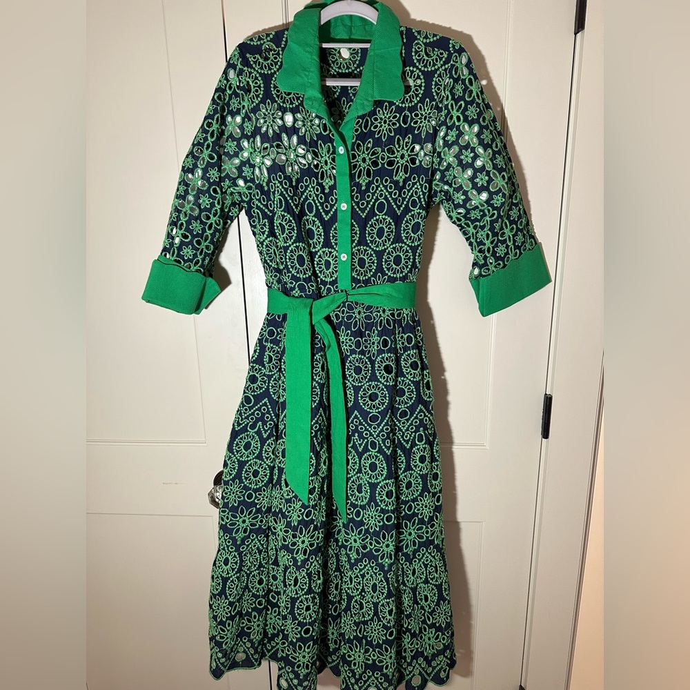 Gretchen Scott Designs Green and Navy Little Bo Peep eyelet midi dress - Picture 3 of 9
